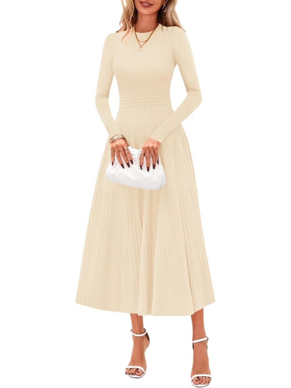Women's Apricot Long Sleeve Knit Slim Fit A Line Sweater Guest Maxi Dresses